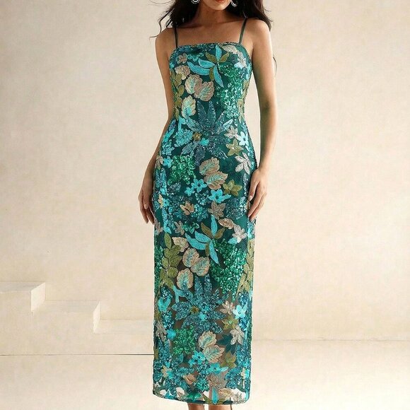 Dresses & Skirts - Green Boho Women's Elegant Colorful Printed Beaded Maxi Strapless Dress